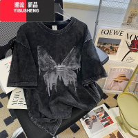 YIBUSHENG水洗做旧t恤男女2023新款复古蝴蝶短袖美式潮流高街ins情侣体恤