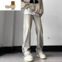 YANXU黄泥微喇牛仔裤男夏季薄款复古水洗裤子高街潮牌直筒侧边拉链长裤