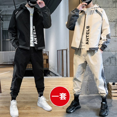 馨洋都外套男士春秋款韩版潮流青少年秋季套装初中高中学生秋装帅气夹克黑色套装M