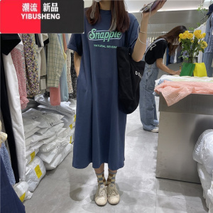 YIBUSHENG港风季短袖T恤裙女韩版宽松显瘦圆领字母印花中长款过膝连衣裙