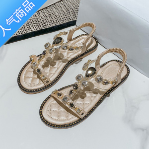 SUNTEK2023夏季新款平底水钻波西米亚百搭罗马风格露趾配裙子休闲女凉鞋