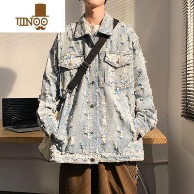 YANXU美式复古水洗牛仔夹克男做旧破洞潮流薄款外套翻领多口袋情侣上衣
