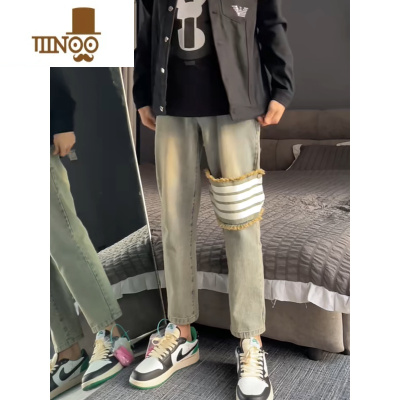 YANXU四季网红新款四条道杠贴布牛仔裤男痞帅设计感休闲直筒裤九分长裤