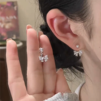s925银针甜美锆石蝴蝶结后挂式耳钉女气质小众设计超闪独特耳环