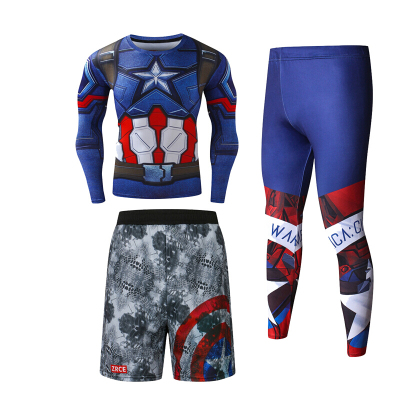 珂卡慕(KEKAMU)运动健身套装三件套速干长袖超人蜘蛛侠紧身衣套装漫威蜘蛛侠超人JST-17+DSK-01+JSK-03三件套S