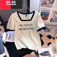 YIBUSHENG300斤大码女装锁骨方领短袖t恤胖mm遮肚子显瘦设计感小众别致上衣