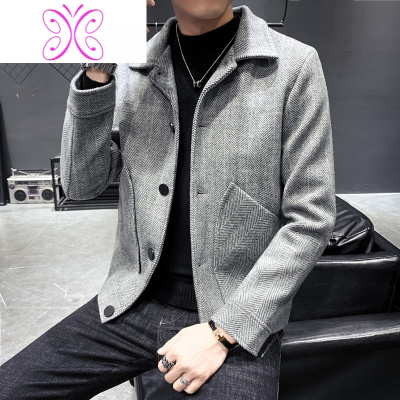 YUANSU男士秋冬装上衣外套休闲帅气2020新款格子毛呢男痞帅短款翻领风衣风衣