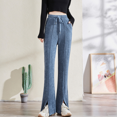 [3件8.5折76.4元,叠加优惠券]唐狮秋季新款休闲裤女阔腿裤微喇开叉高腰弹力欧棉绒裤子女