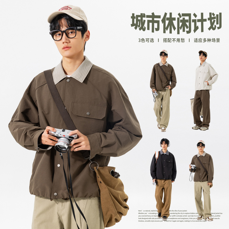 男装春秋季新款翻领夹克长袖痞帅青少年情侣衬衣宽松工装外套