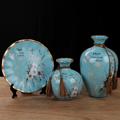 摆件陶瓷花瓶复古盘子酒柜装饰品客厅玄关摆件-吉祥花蓝色花瓶三件套