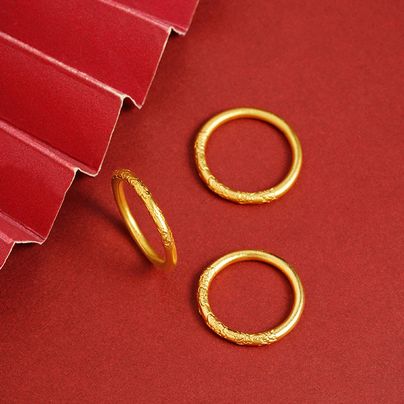 越南沙金素圈雕花女简约戒指淡雅时尚流行中国风百搭铜镀金饰品送女朋友老婆情人节七夕生日礼物