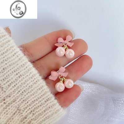 JiMi甜系粉色蝴蝶结耳环女925银针少女耳钉夏天清新小众设计耳饰耳夹