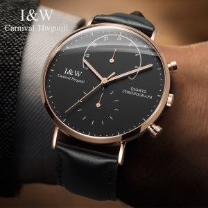 瑞士嘉年华Carnival男士薄款石英表 男真皮表带简约男表休闲时尚手表夜光防水腕表英伦风男神表黑面8787G-5