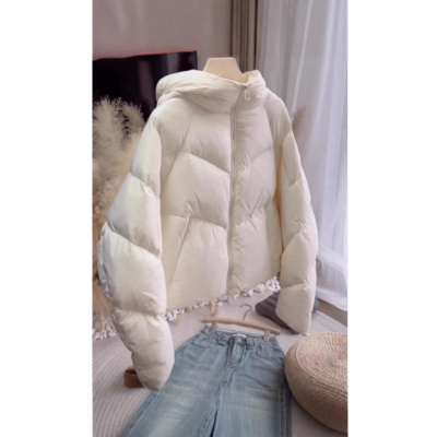 米白色短款连帽棉服外套女年冬季新款冬装时尚面包服保暖棉袄