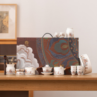 苏氏陶瓷(SUSHI CERAMICS)羊脂玉敦煌宝相花三才盖碗双侧把大套装