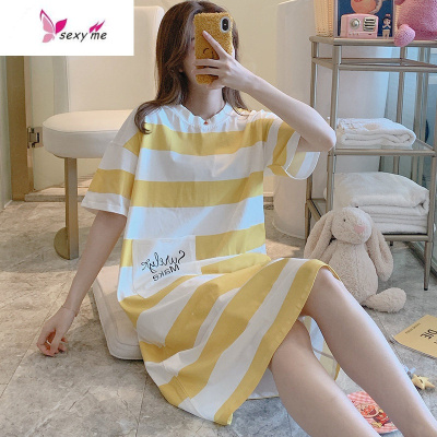 条纹口袋睡裙女夏季棉短袖韩版学生家居服宽松睡衣女天薄款FISHBASKET