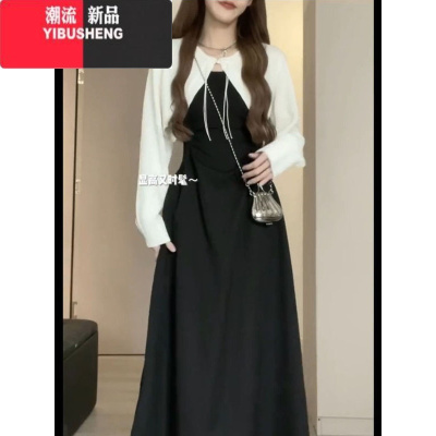 YIBUSHENG2024春季新款针织高腰弹力显瘦气质褶皱设计感吊带连衣裙