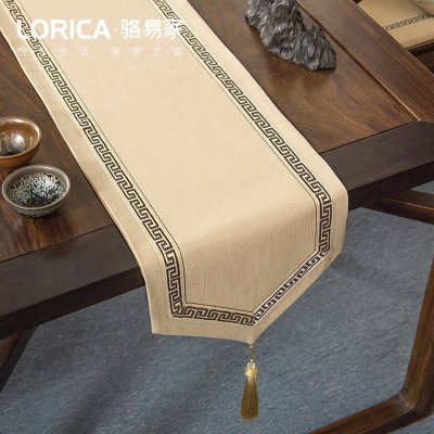 美式桌旗新中式禅意茶旗布现代简约茶几餐桌北欧电视柜布福延年-米黄（尖角款）33*360cm（适用桌长3米-3.2米）