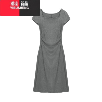 YIBUSHENG纯色方领短袖连衣裙女装2024季新款小个子收腰修身裙子