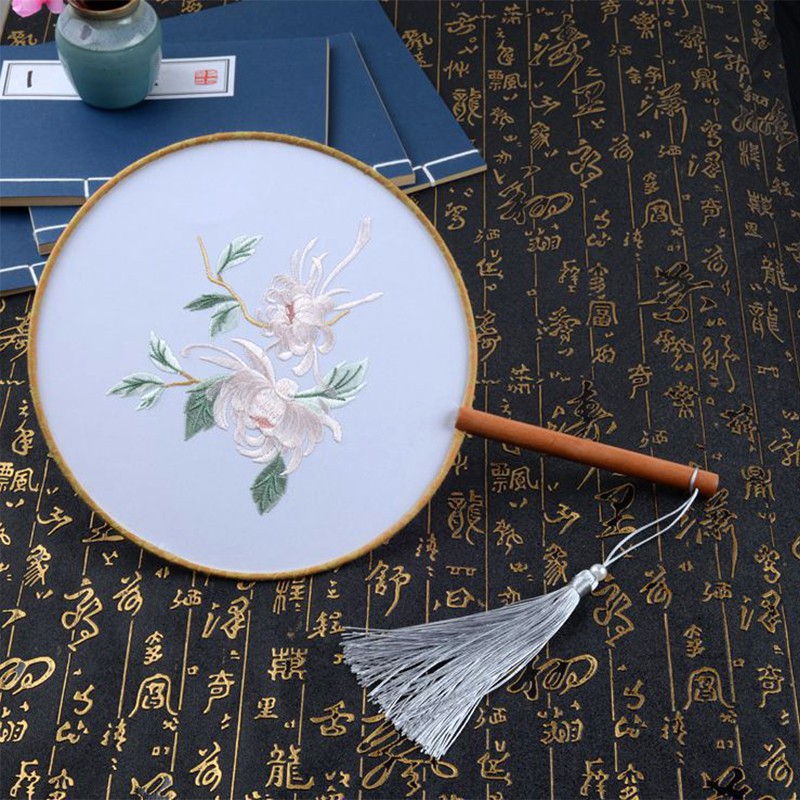 花流苏双面刺绣明制古典配饰品宫扇圆扇短柄 三维工匠 双面绣花-折兰