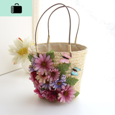 全国手工花朵手提编包女蝴蝶单肩编织包休闲旅行度假沙滩包NEW LAKE 紫红色女士单肩包