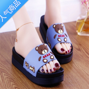 SUNTEK夏季高跟厚底拖鞋女夏外穿抱抱小熊凉拖鞋防滑浴室居家粗跟女
