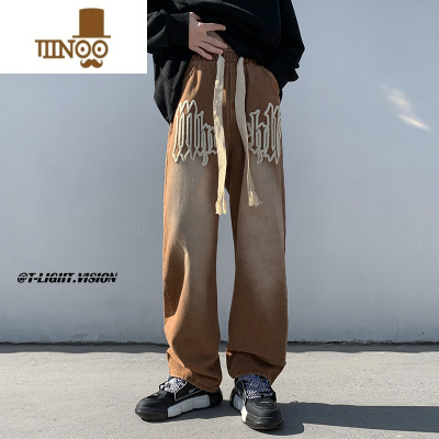 YANXU美式复古oversize裤子夏季高街潮咖色牛仔裤男宽松直筒垂感阔腿裤