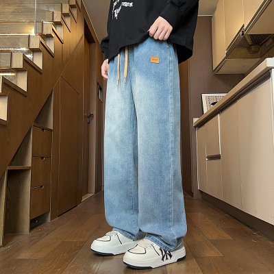 垂坠感渐变牛仔拖地裤男士宽松阔腿版型抽绳腰皮标休闲长裤男