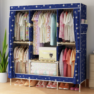 家时光 简易衣柜实木牛津布衣柜双人易拼装组合衣柜非钢管经济型柜子 蓝色星空