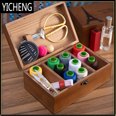 针线盒家用套装多功能高级收纳包结婚嫁妆实木复古大号百宝箱YICHENG10色线款木质盒针线套装（含大剪刀）