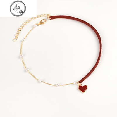 心动红色爱心颈链珍珠锁骨链女短款脖子饰品choker网红颈带女 JiMi项链
