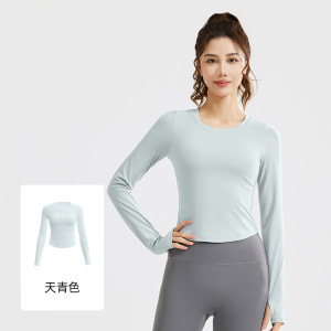 新款运动长袖裸感紧身显瘦跑步运动T恤免穿文胸瑜伽服女