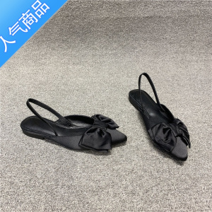 SUNTEK女鞋2023夏尖头浅口蝴蝶结单鞋一字带套脚平底复古凉鞋