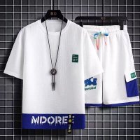 夏季华夫格运动套装男薄款宽松型休闲短袖短裤两件套