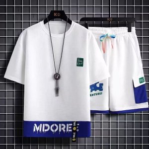 夏季华夫格运动套装男薄款宽松型休闲短袖短裤两件套