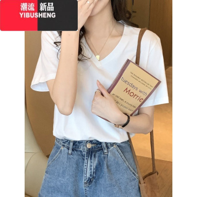 YIBUSHENG通勤v领t恤女短袖白色宽松大码显瘦季正肩简约纯色高端上衣