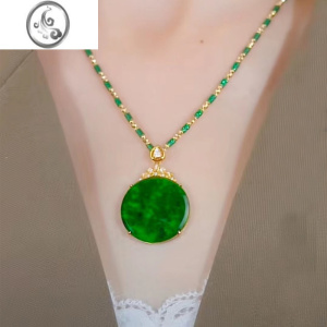 JiMikC金镶辣绿平安圆牌吊坠项链女绿竹节链子套装无事牌玉坠送老婆送 圆绿盘吊坠项链