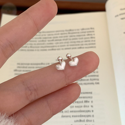 S925纯银拉丝爱心螺丝耳钉女精致小巧耳环简约日常小众银饰潮送女朋友老婆情人节七夕生日礼物