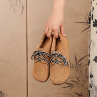 复古磨砂皮勃肯鞋女秋冬季新款加绒气质百搭软底系带豆豆棉鞋