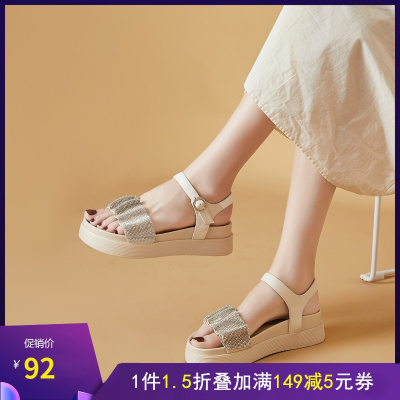 好物热卖-Daphne/达芙妮2021年夏季坡跟厚底时尚纯色经典时装凉鞋