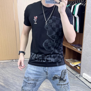 男士夏季新款个性潮流修身网红印花烫钻T恤男潮半袖潮牌
