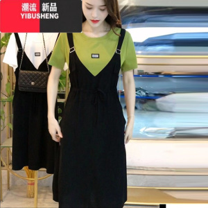 YIBUSHENG时尚气质连衣裙女2024季新款拼接收腰显瘦中长款背带假两件裙子