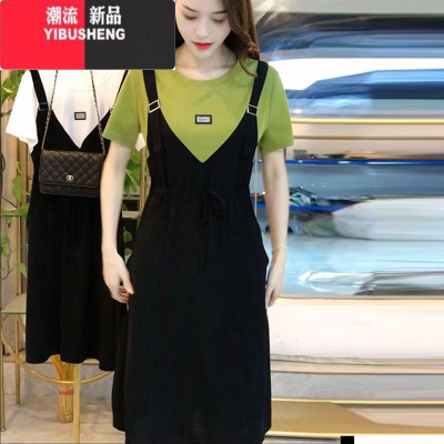 YIBUSHENG时尚气质连衣裙女2024季新款拼接收腰显瘦中长款背带假两件裙子