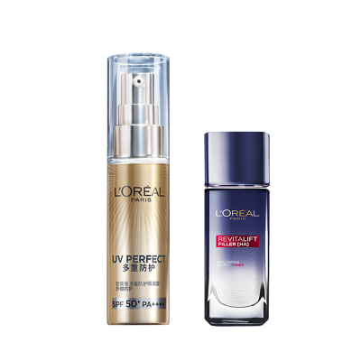 欧莱雅（LOREAL）防晒霜小金管女士套装多重防护隔离露spf50+PA++++全身脸部保湿防晒乳送65ml导入晶露30ml