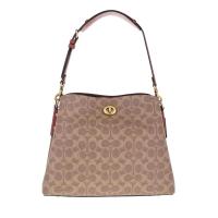 COACH女士涂层帆布托特包手提斜挎两用复古红棕拼接Logo链条包