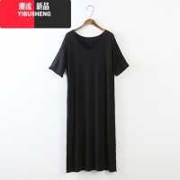 YIBUSHENG春装大码短袖连衣裙女2024新款v领打底小黑裙季显瘦莫代尔长裙