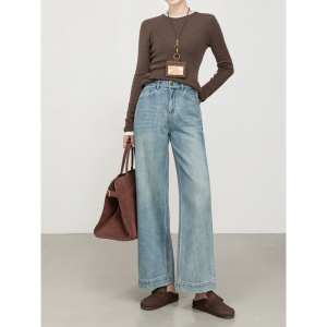 秋季宽松高腰弹力柔软九分阔腿裤肌理感刺绣牛仔裤女