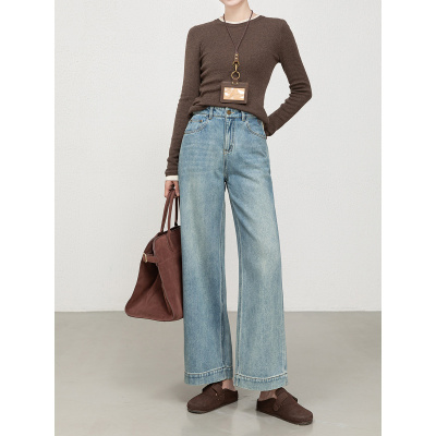 秋季宽松高腰弹力柔软九分阔腿裤肌理感刺绣牛仔裤女