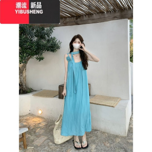 YIBUSHENG亮色系多巴胺泰式季挂脖吊带连衣裙女海边度假新疆旅行穿搭长裙