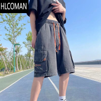HLCOMAN复古水洗牛仔短裤男夏季潮牌嘻哈宽松五分裤多口袋松紧腰工装中裤